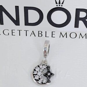 Pandora Sparkling Crescent Moon & Spinnable Star Dangle Charm Pendant with box